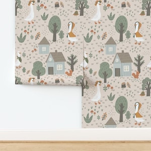 Whimsical Non-Pasted Wallpaper - Goose Village by creativeateliers - Nursery Scandi Farmhouse Baby Kids Wallpaper Double Roll by Spoonflower