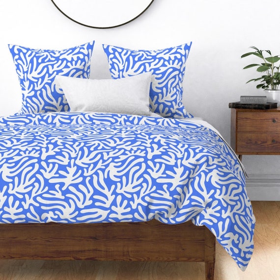 Decorative Leaves Duvet Cover - Summer Saint-tropez by evamatise - Coastal Grandmother Cotton Sateen Duvet Cover Bedding by Spoonflower