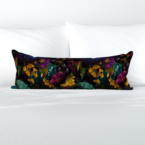 Maximalist XL Lumbar Pillow - Moody Baroque Floral by utart - Vibrant Flowers Romantic Extra Large Rectangle Lumbar Pillow by Spoonflower