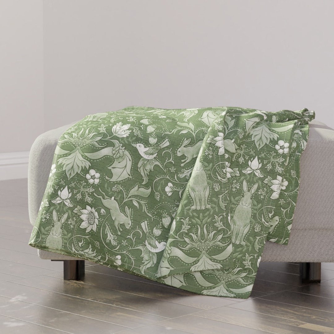 Sage Woodland Throw Blanket Rabbits in the Hedgerow by Vinpauld Damask