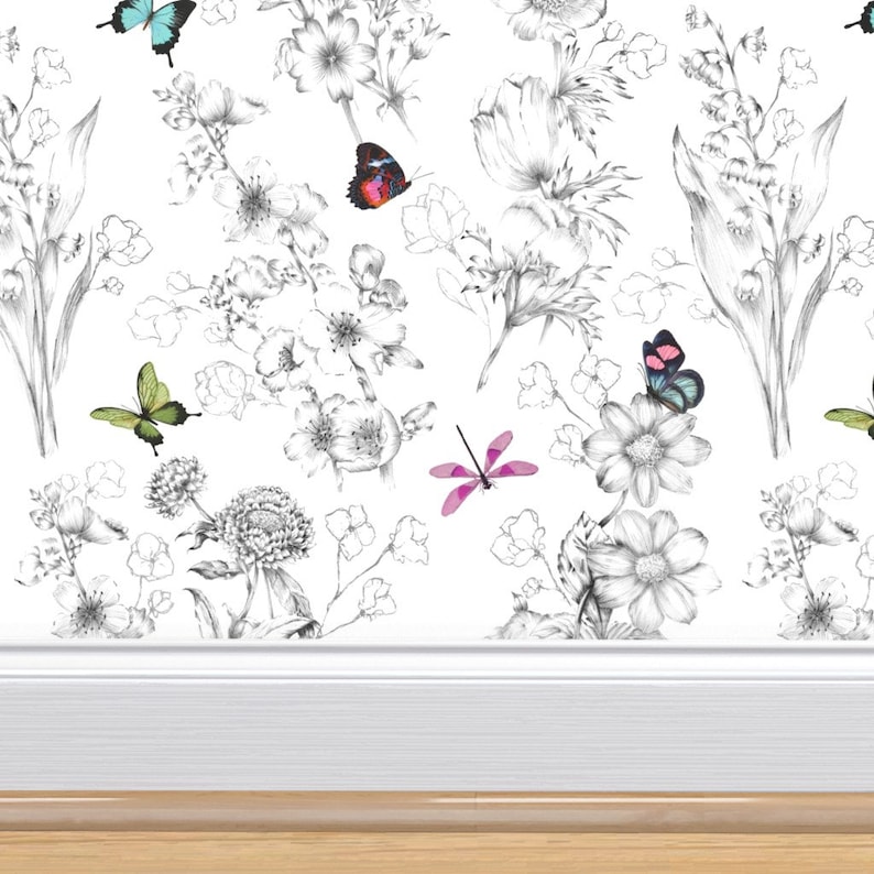 Butterflies Non-Pasted Wallpaper Butterfly Sketch Black And White - Le Papillon by willowlanetextiles Wallpaper Double Roll by Spoonflower image 5