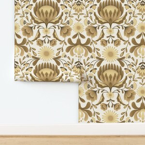 Folk Botanical Non-Pasted Wallpaper - Maximalist Folk Flowers by garabateo - Maximalist Soft Gold Wallpaper Double Roll by Spoonflower