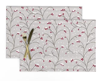 Christmas Placemats Set of 2 - Winter Snow Berries Holiday Vines Flora Cloth Placemats - Snow-covered Berries by vintage_style