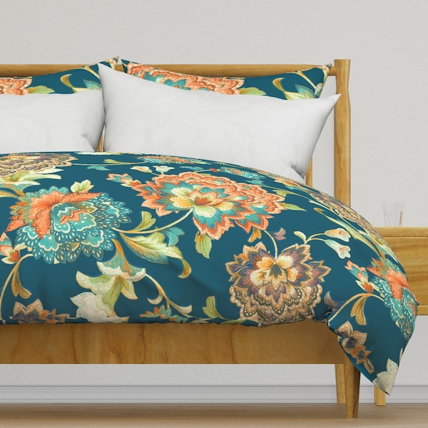Orange Chintz Bedding -  Teal Chintz Orange by chicca_besso - Large Scale Floral  Cotton Sateen Duvet Cover OR Pillow Shams by Spoonflower