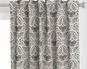 Dark Boho Curtain Panel - Luna Moth Damask by katanti - Witchy Moody Luna Moth Floral Woodland Forest Custom Curtain Panel by Spoonflower