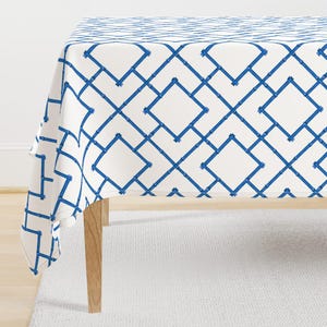 Bamboo Tablecloth - Osaka Trellis Cobalt by willowlanetextiles - Blue Chinoiserie Preppy Trellis Cotton Sateen Tablecloth by Spoonflower