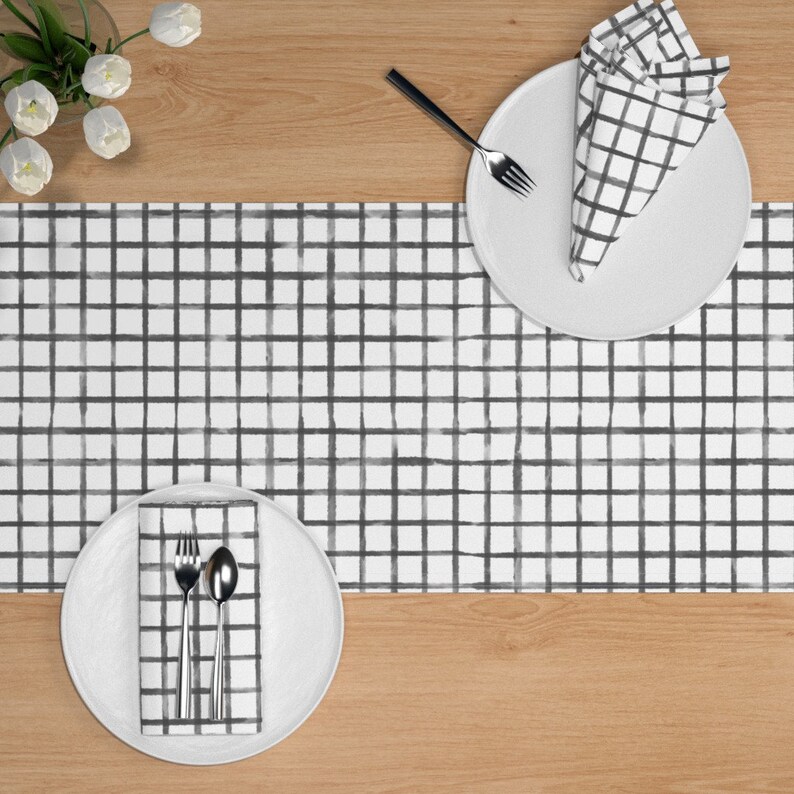 Charcoal Table Runner Gray Grid Watercolor by Etsy