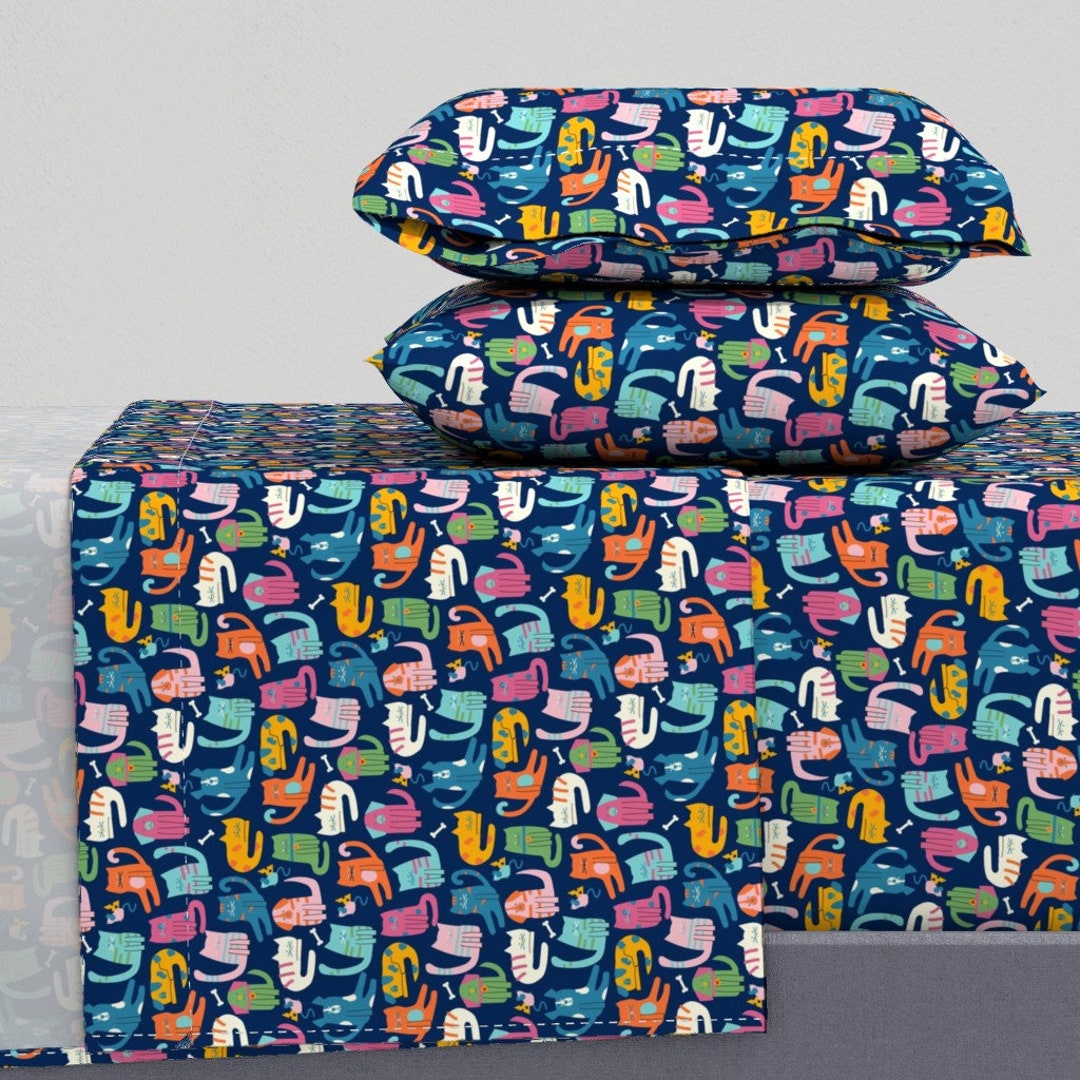 Whimsical Pets Sheets Cats and Dogs on Navy by Teri_larson Colorful