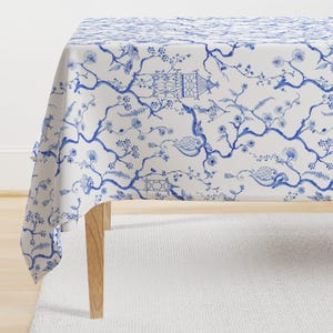 Chinoiserie Tablecloth - Little Pagoda by pattern_garden - Elegant Blue And White Hand Painted Cotton Sateen Tablecloth by Spoonflower
