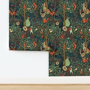 Fairy Tale Non-Pasted Wallpaper - Whimsical Wonderland by gaiamarfurt - Enchanted Forest Foxes Wallpaper Double Roll by Spoonflower