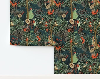 Fairy Tale Non-Pasted Wallpaper Enchanted Forest Foxes - Whimsical Wonderland by gaiamarfurt Wallpaper Double Roll by Spoonflower
