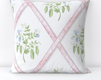 Cojín decorativo cuadrado con enrejado rosa - Cintas de guisante de olor, azul y verde Grandmillenial - Eloise de danika_herrick