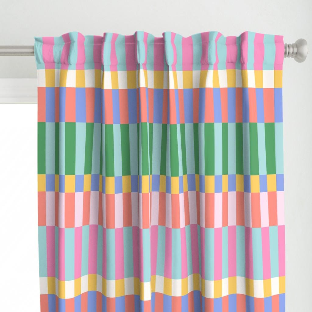Bright Retro Check Curtain Panel - Checkered Bright by cafelab - Geometric Stripe Chunky Check Blue Pink Custom Curtain Panel by Spoonflower
