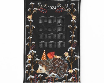 Torchon calendrier 2024 - Hérisson des forêts par potyautas - Torchon en toile de coton et lin hérisson des bois peint par Spoonflower