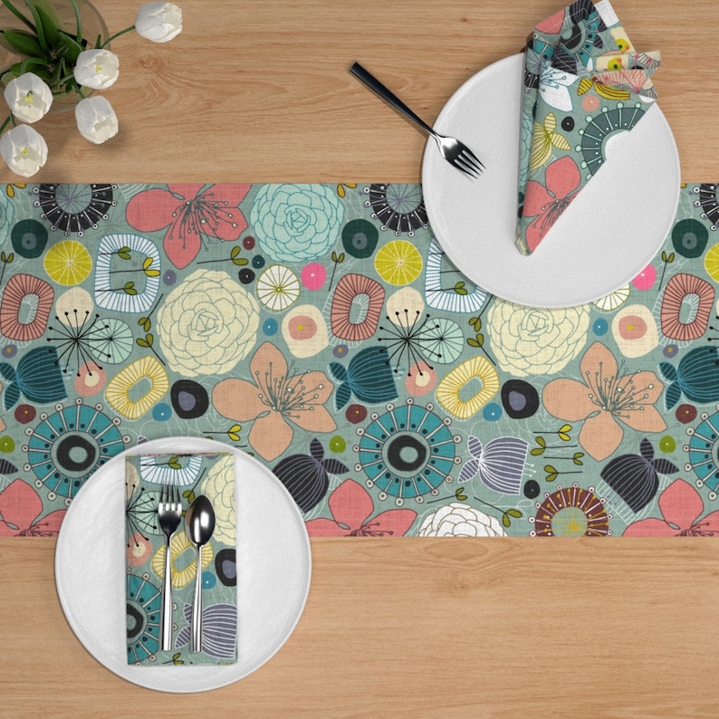 Oriental Blooms by scrummy Floral Japanese Garden Botanical Cotton Sateen Table Runner by Spoonflower Mid Century Modern Table Runner