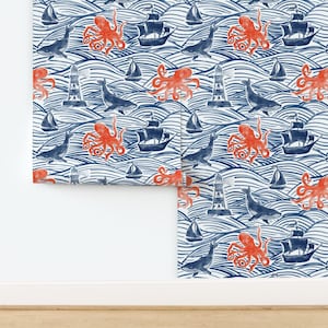 Vintage Sailing Non-Pasted Wallpaper Vintage Navy Waves Sealife Ship Sea - Nautical Adventure by whimsical_brush Wallpaper by Spoonflower