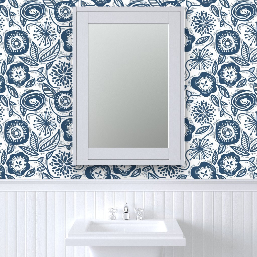 Mod Floral Wallpaper Linocut Leaves and Petals by | Etsy