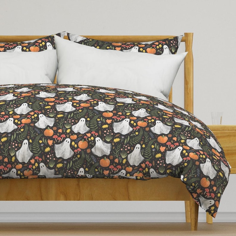 Cottagecore Ghosts Bedding - Woodland Autumn by 3rittanylane - Woodland Whimsical Cotton Sateen Duvet Cover OR Pillow Shams by Spoonflower image 1