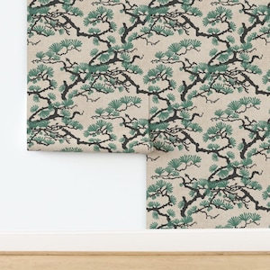 Vintage Chinoiserie Non-Pasted Wallpaper Forest Wood Nature Rustic Cabin - Vintage Japanese Pine by perrinphilippa Wallpaper by Spoonflower