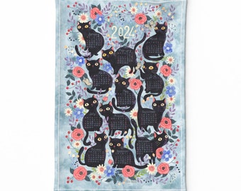 2024 Calendar Tea Towel - Black Cats by gaiamarfurt - Cat Kitchen Calendar Tea Towel Black Cat  Linen Cotton Canvas Tea Towel by Spoonflower