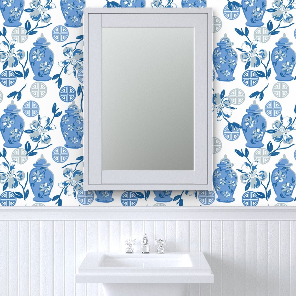 Chinese Inspired Wallpaper Blue Vases by Aliwilkinsondesigns | Etsy