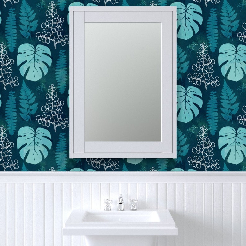Jungle Wallpaper Dark Green Teal Tropical Leaves by adenaj Etsy