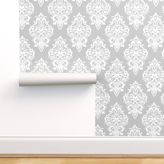 White Sheets Modern Damask by ciel/_bleu/_design Gray Antique Traditional Classic Silver Cotton Sateen Sheet Set Bedding by Spoonflower