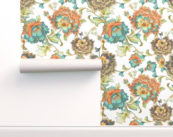 Modern Chintz Floral Commercial Grade Wallpaper -  Chintz White Orange by chicca_besso - Large Scale  Wallpaper Double Roll by Spoonflower