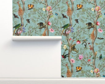 May include: A teal blue wallpaper with a repeating pattern of tropical birds, monkeys, butterflies, and flowers. The pattern is intricate and detailed, with a variety of colors and textures.