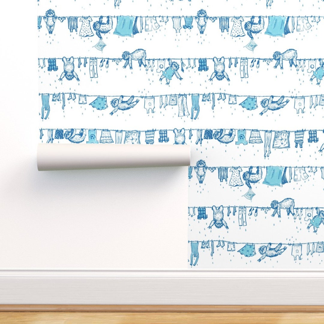 Blue Commercial Grade Wallpaper Big Sloths Washing by - Etsy