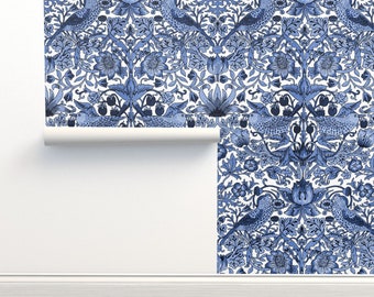 William Morris Non-Pasted Wallpaper Damask Victorian - Strawberry Thief Blue by peacoquettedesigns Wallpaper Double Roll by Spoonflower