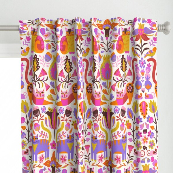 Whimsical Cats Curtain Panel - Cats In The Garden by portiamonberg - Colorful Maximalist Bright Colorful Custom Curtain Panel by Spoonflower