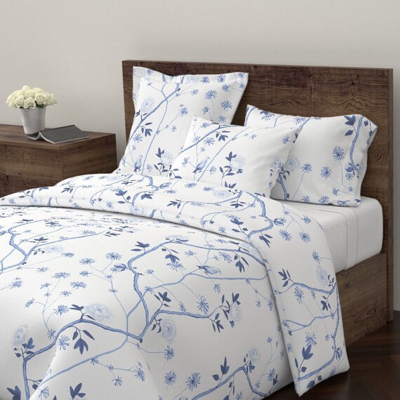 Botanical Duvet Cover Jenny Peony In Delft Blue By Etsy