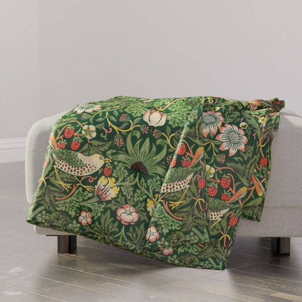 William Morris Throw Blanket - Victorian Antique Green Forest Garden Damask Nature Throw Blanket - Strawberry Thief by peacoquettedesigns