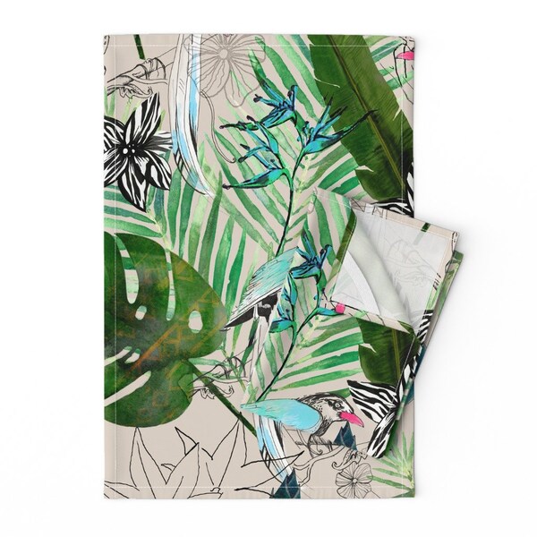 Torchons tropicaux (Lot de 2) - Forêt émeraude avec oiseaux parryprint - Torchons à vaisselle Happy Feuillage vert lin exotique et coton par Spoonflower