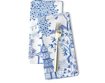 Chinoiserie Dinner Napkins (Set of 2) - Pagoda Forest Blues by danika_herrick - Blue White Toile Blue And White Cloth Napkins by Spoonflower