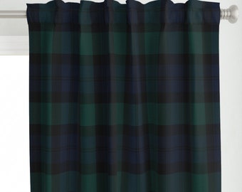 May include: A dark green and black plaid curtain panel. The curtain is made of a soft, woven fabric and has a subtle sheen.