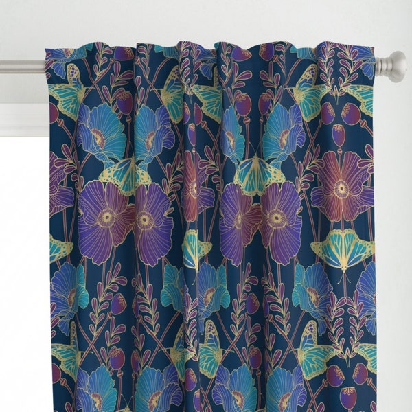 Jewel Tone Poppies Curtain Panel - Poppy Nouveau by cjldesigns - Art Nouveau Poppy And Butterfly Custom Curtain Panel by Spoonflower