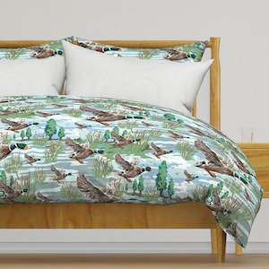 Mallard Ducks Bedding - Lakeside Migration by painterlysue - Flying Mallards Cotton Sateen Duvet Cover OR Pillow Shams by Spoonflower