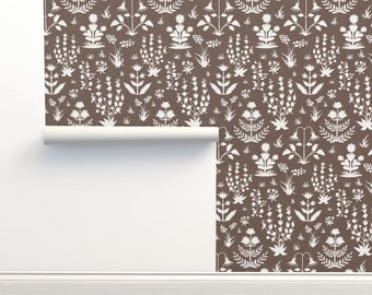 Brown Floral Non-Pasted Wallpaper Neutral Farmhouse - Mughal Field Silhouette by danika_herrick Wallpaper Double Roll by Spoonflower