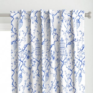 Chinoiserie Curtain Panel - Little Pagoda by pattern_garden - Elegant Blue And White Hand Painted Custom Curtain Panel by Spoonflower