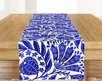 Cobalt Blue Table Runner - Fig Garden Blues by de_koro - Botanical Bright Blue White Persian Figs Cotton Sateen Table Runner by Spoonflower