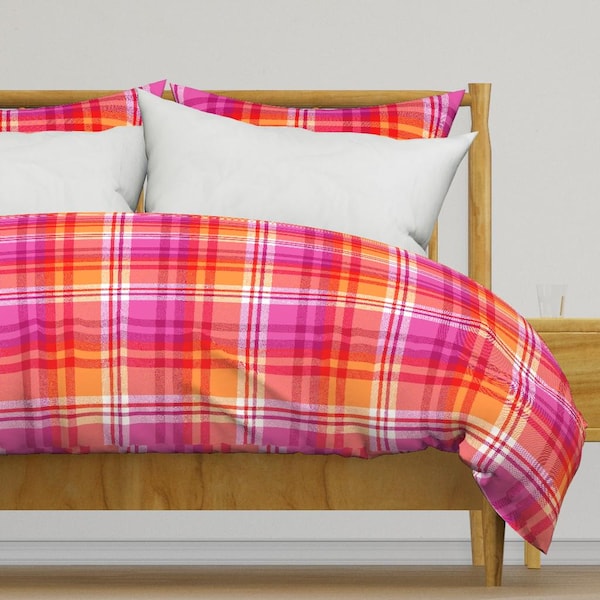 Pink Orange Plaid Bedding - Lesbian Plaid by colinmooredraws - Bold Stripe Lgbtq Cotton Sateen Duvet Cover OR Pillow Shams by Spoonflower