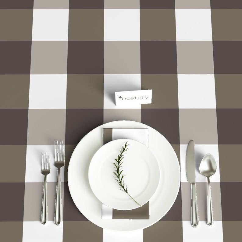 Gingham by peacoquettedesigns Rustic Tablecloth Check Brown Rustic Farmhouse White Cotton Sateen Tablecloth by Spoonflower
