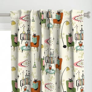 Painel de cortina moderno de meados do século - Cozy Cats Den por studioxtine - Painel de cortina personalizado da era atômica inspirado nos anos 1950 da Retro Cats por Spoonflower