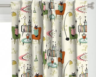 Panel de cortina moderno de mediados de siglo - Gatos retro inspirados en la década de 1950, estilo vintage de la era atómica, panel de cortina personalizado - Cozy Cats Den de studioxtine -