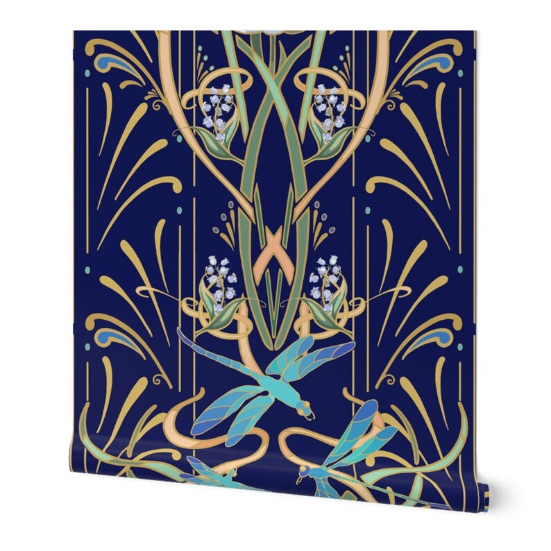 Bold Art Nouveau Wallpaper Art Nouveau Dragonflies Blue by Etsy