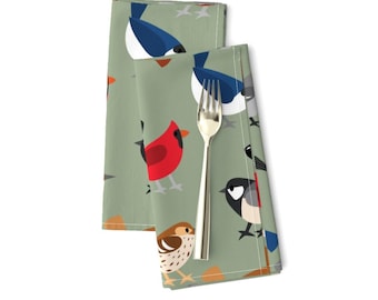 Birds Dinner Napkins Set of 2 - Cardinal Finch Robin Sparrow Blue Jay Goldfinch Nature  Cloth Napkins - Busy Bird Feeder by shinyhappyworld