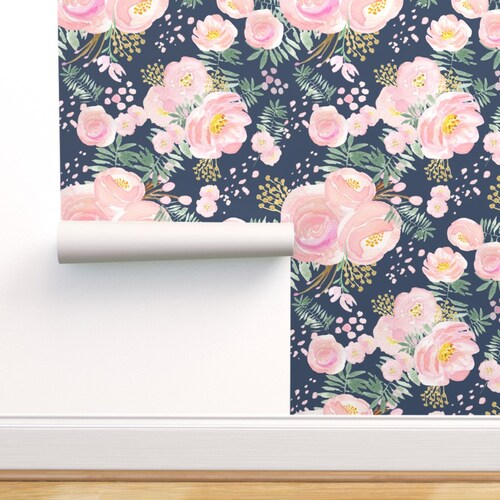 Pink Floral Wallpaper Navy Floral Pink and Gold by - Etsy