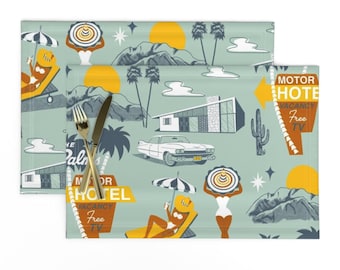 Retro Placemats Set of 2 - Mid Century Palm Springs Palm Trees Motel Vintage Cloth Placemats - Palms Motor Hotel by ruby_ritz